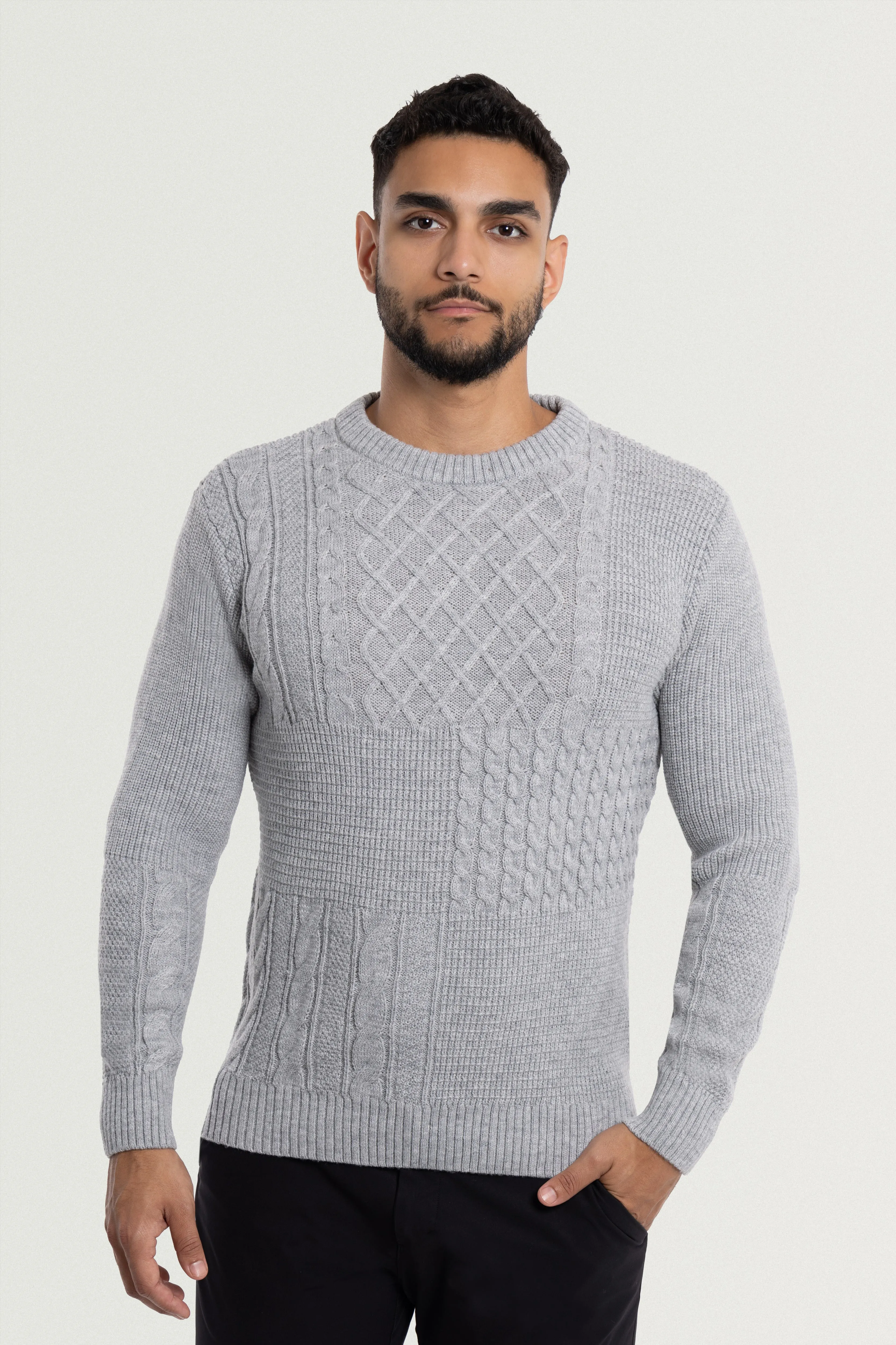 X RAY Men's Crewneck Mixed Texture Cable Knit Sweater