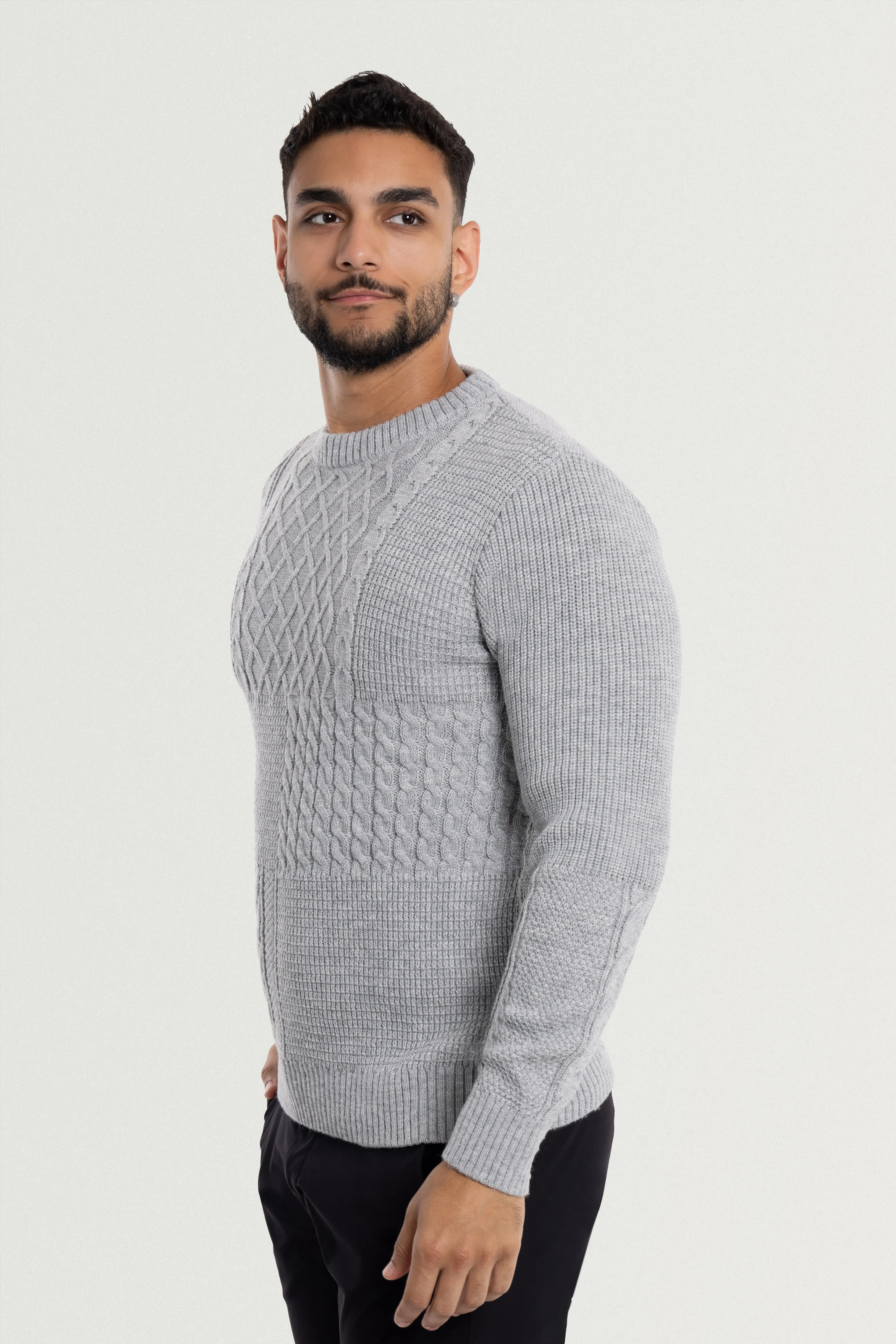 X RAY Men's Crewneck Mixed Texture Cable Knit Sweater