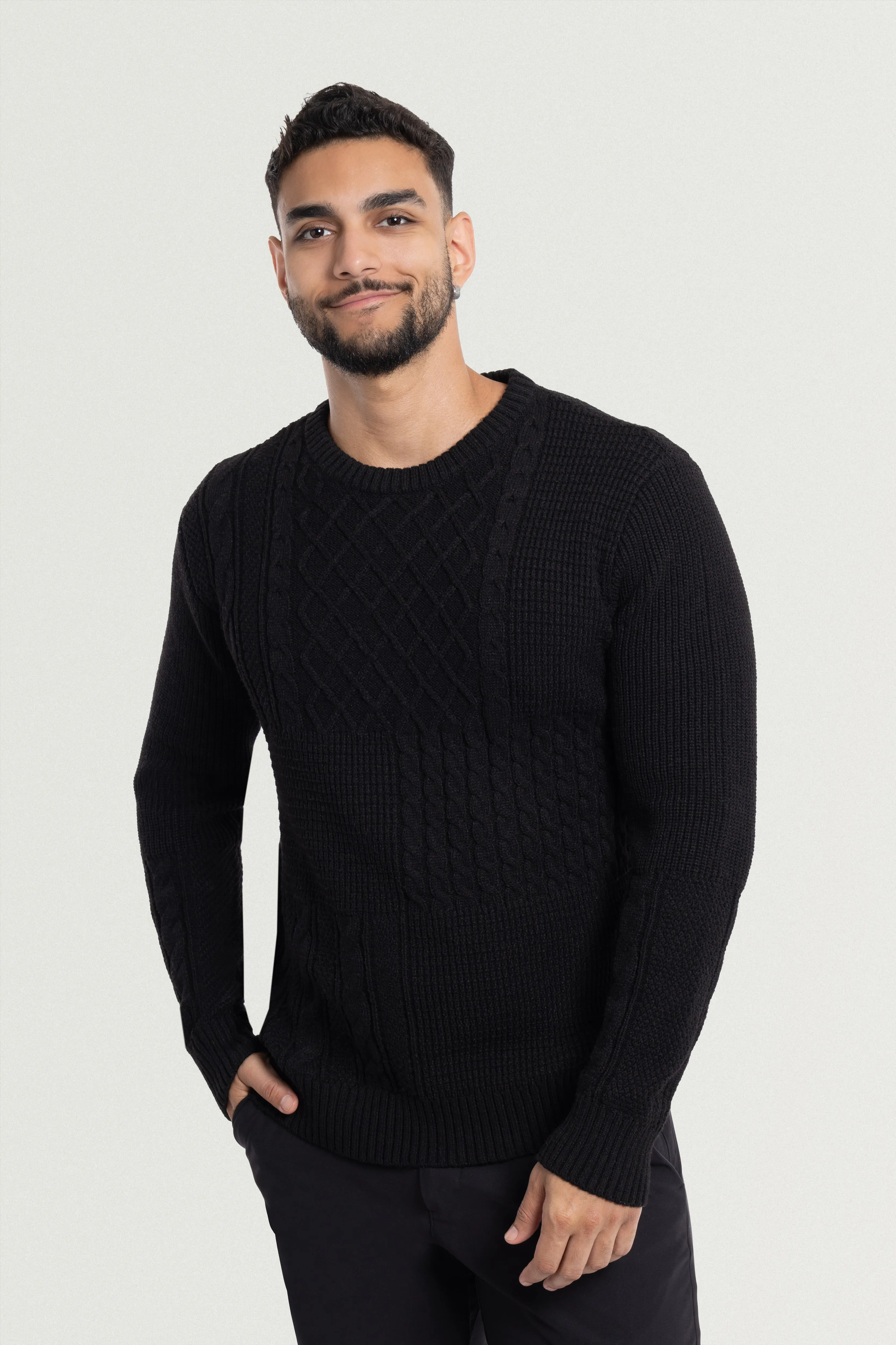 X RAY Men's Crewneck Mixed Texture Cable Knit Sweater