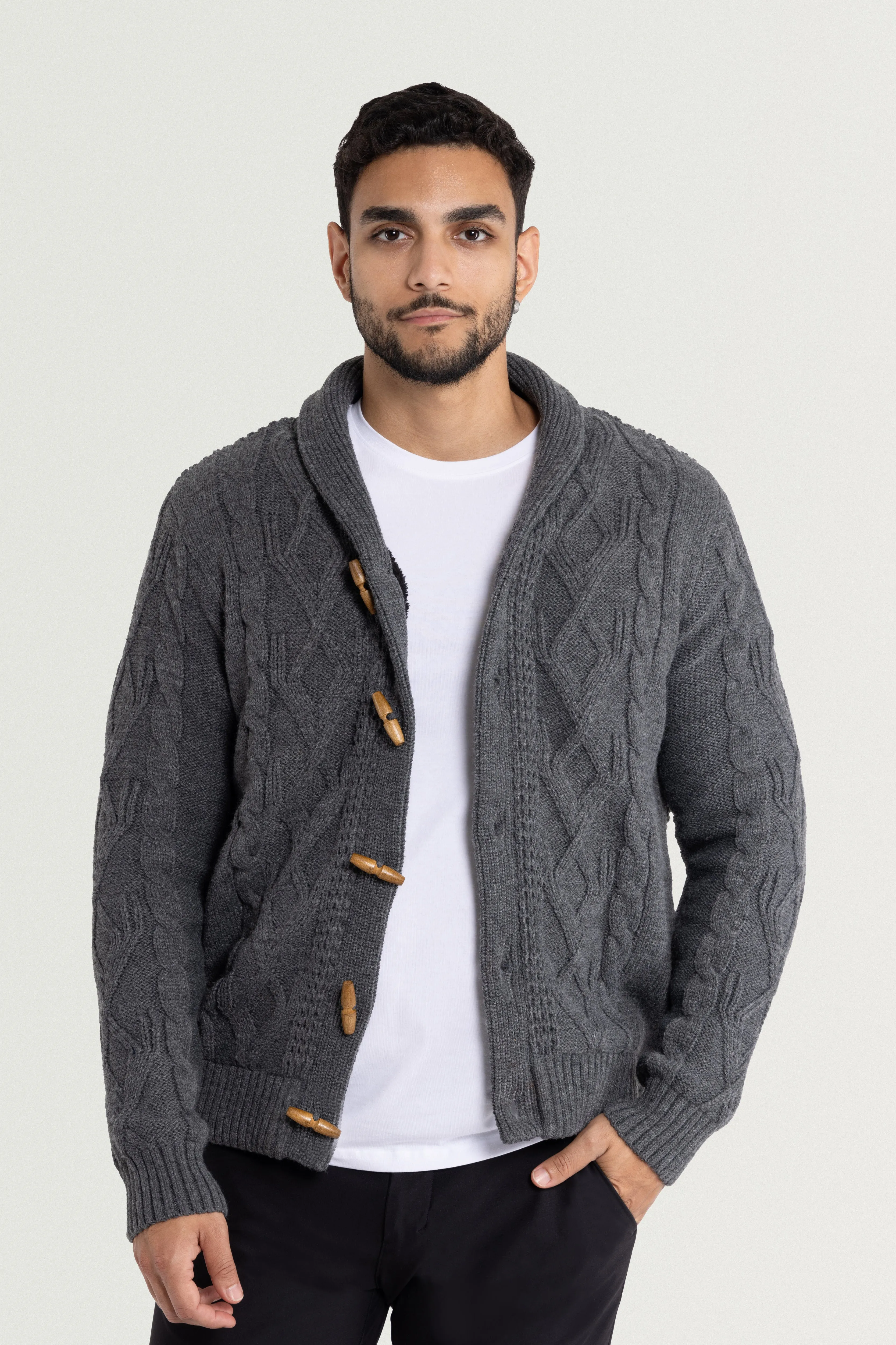 X RAY Men's Faux Shearling Waffle Knitted Shawl Collar Cable Knit Cardigan Sweater Big & Tall Available