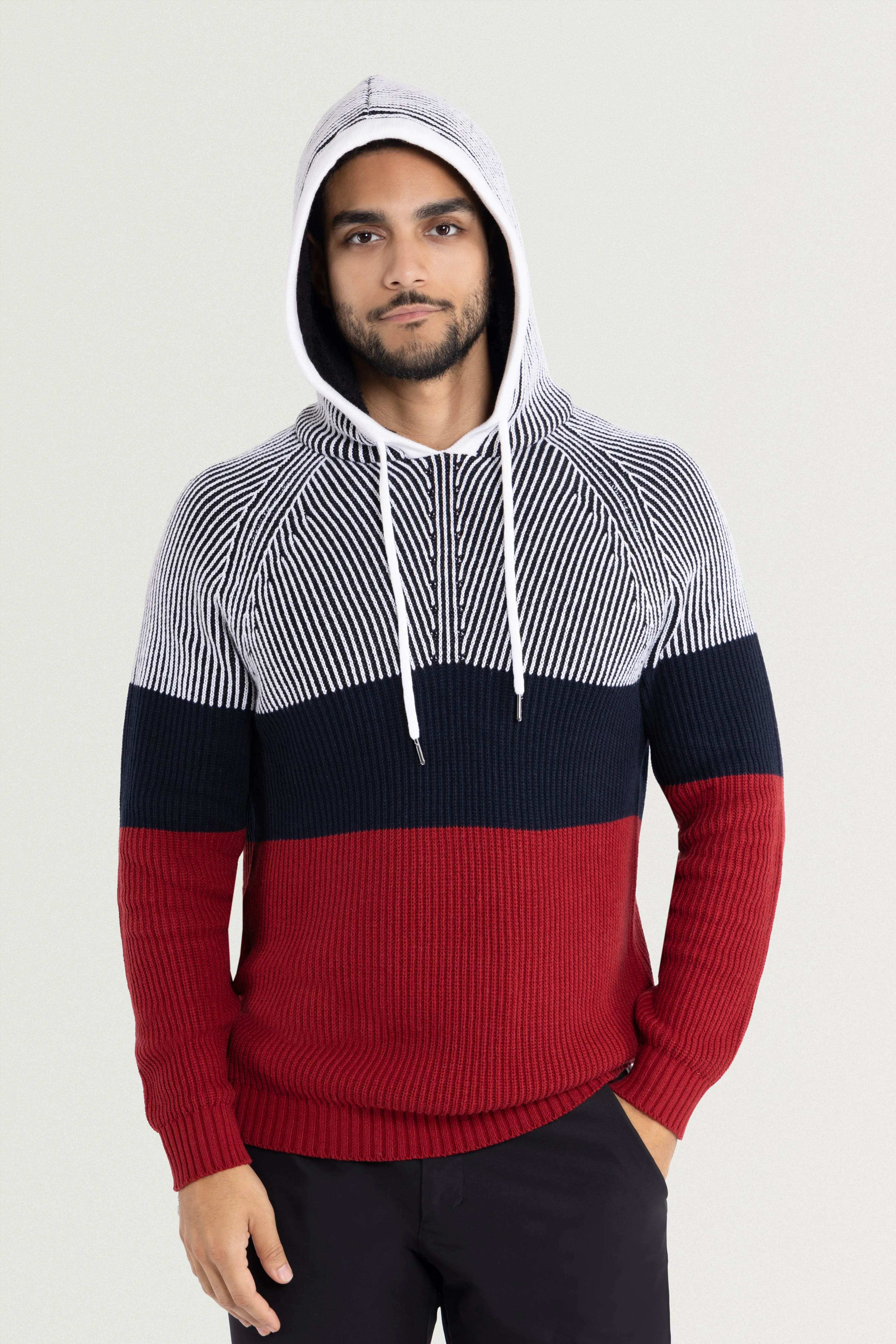 X RAY Men's Rib Knit Color Block Pullover Hooded Sweater