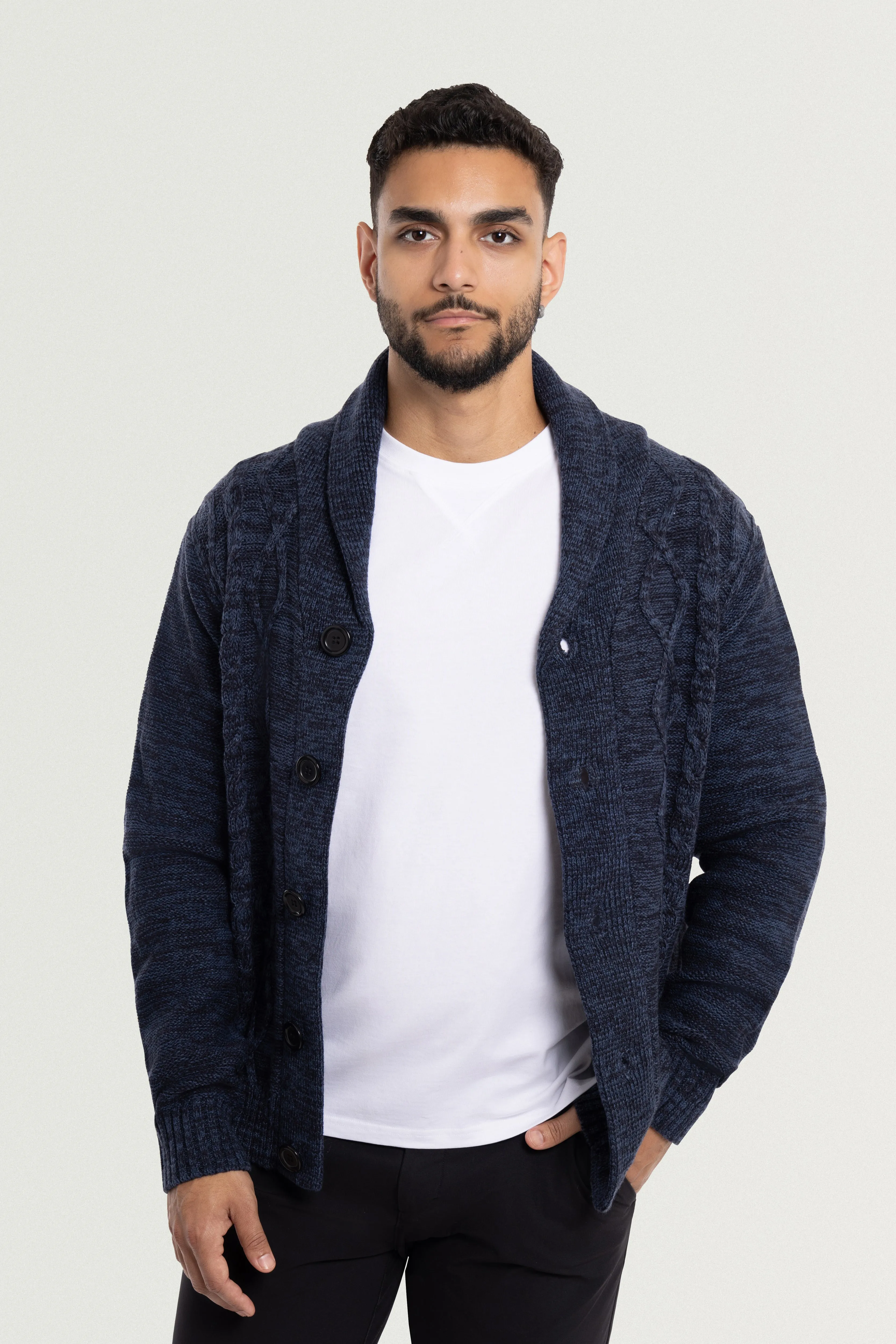 X RAY Men's V-Neck & Shawl Collar Cable Knit Button Down Cardigan Sweater