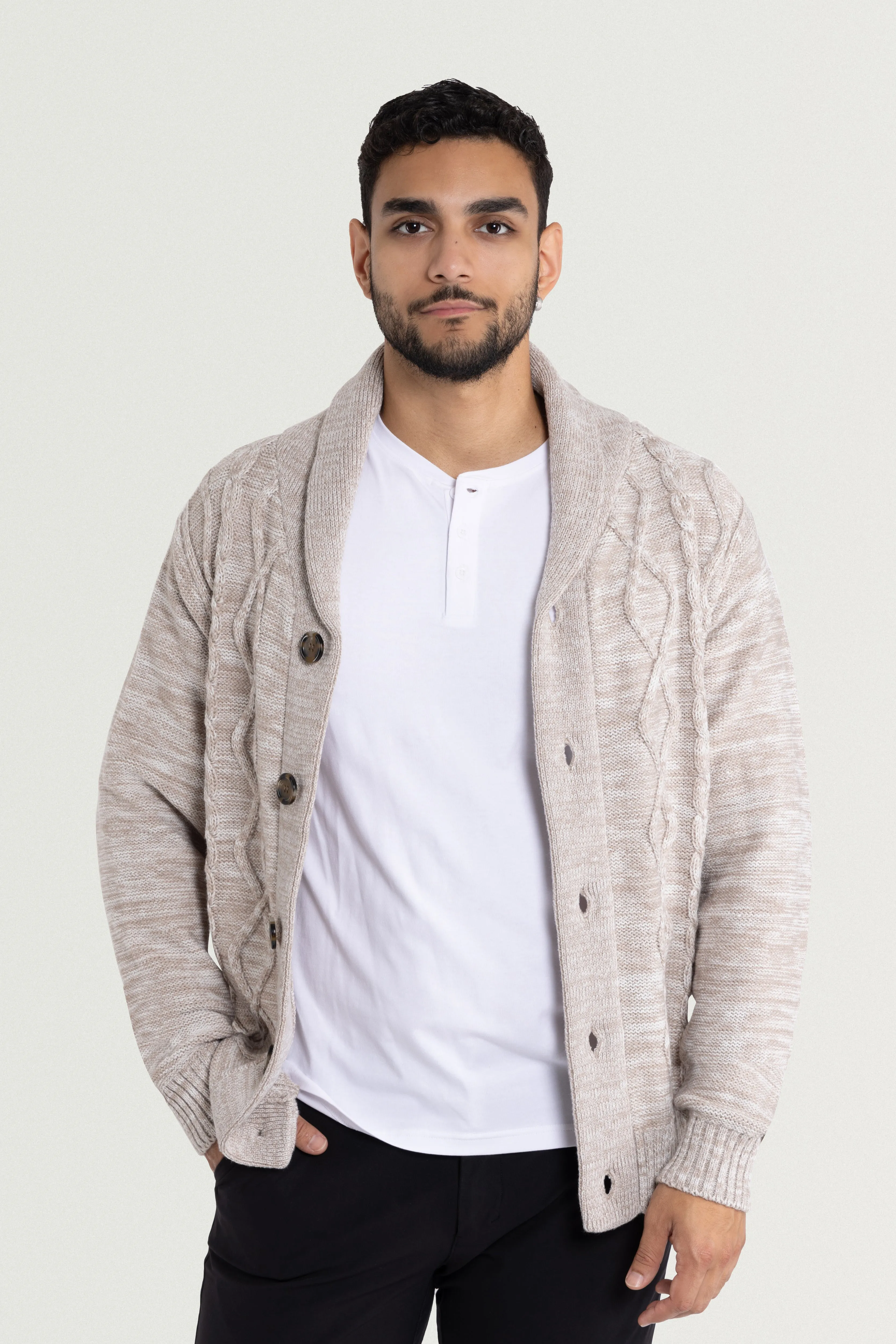 X RAY Men's V-Neck & Shawl Collar Cable Knit Button Down Cardigan Sweater