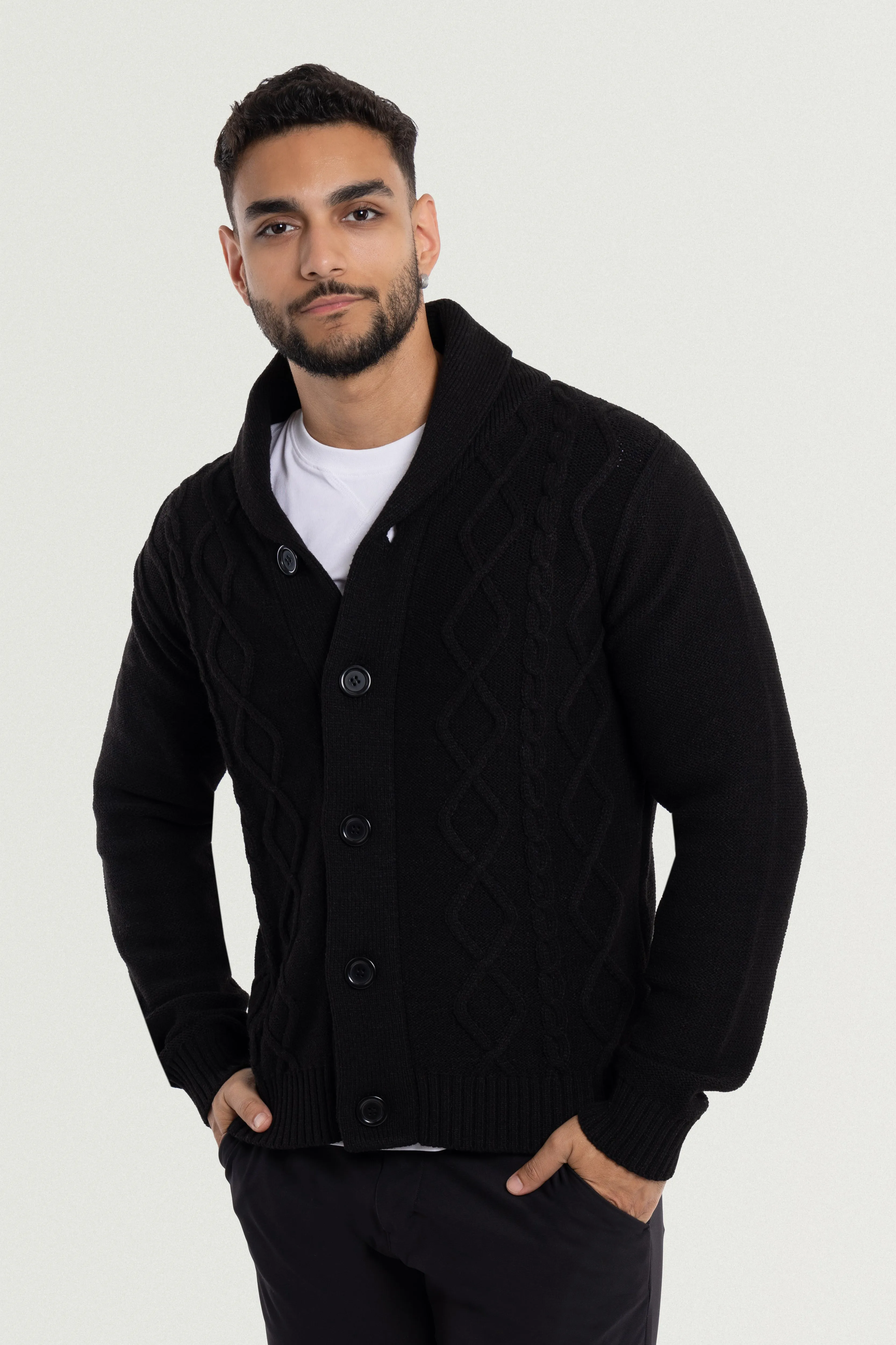 X RAY Men's V-Neck & Shawl Collar Cable Knit Button Down Cardigan Sweater