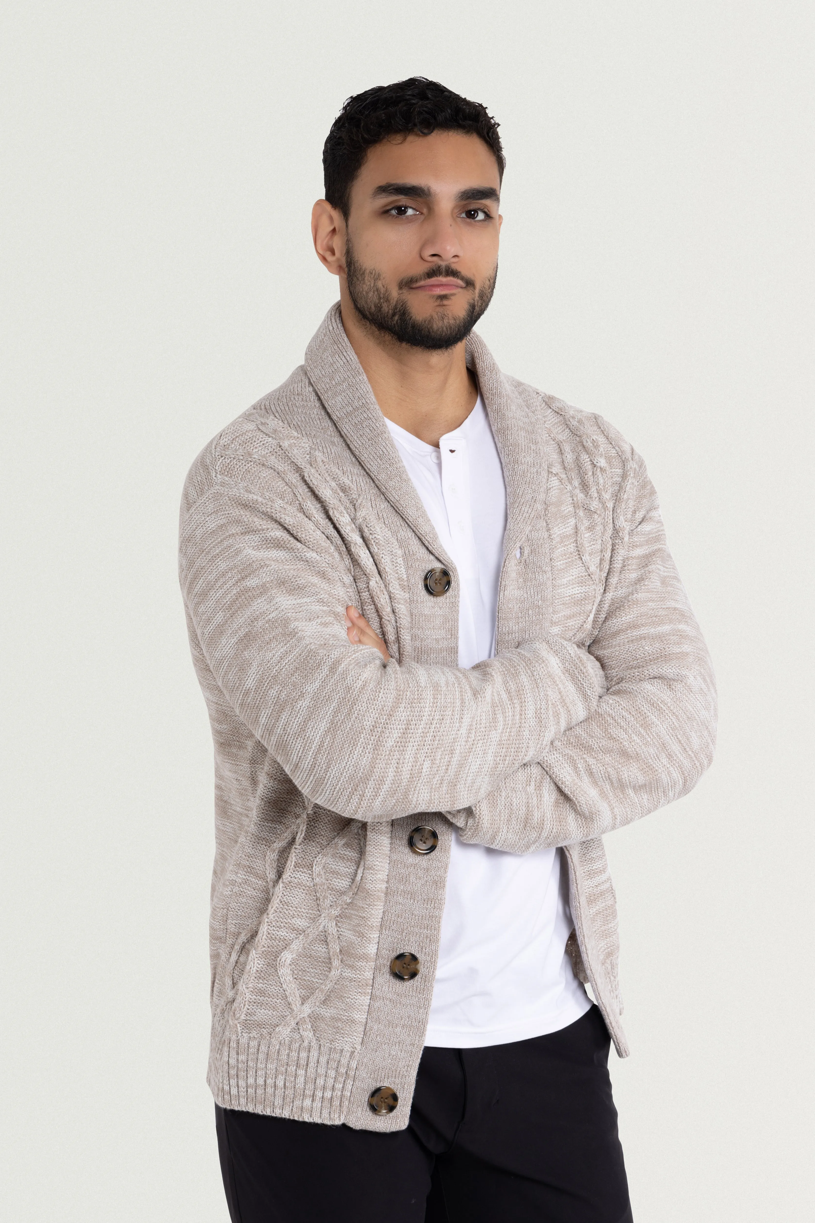 X RAY Men's V-Neck & Shawl Collar Cable Knit Button Down Cardigan Sweater