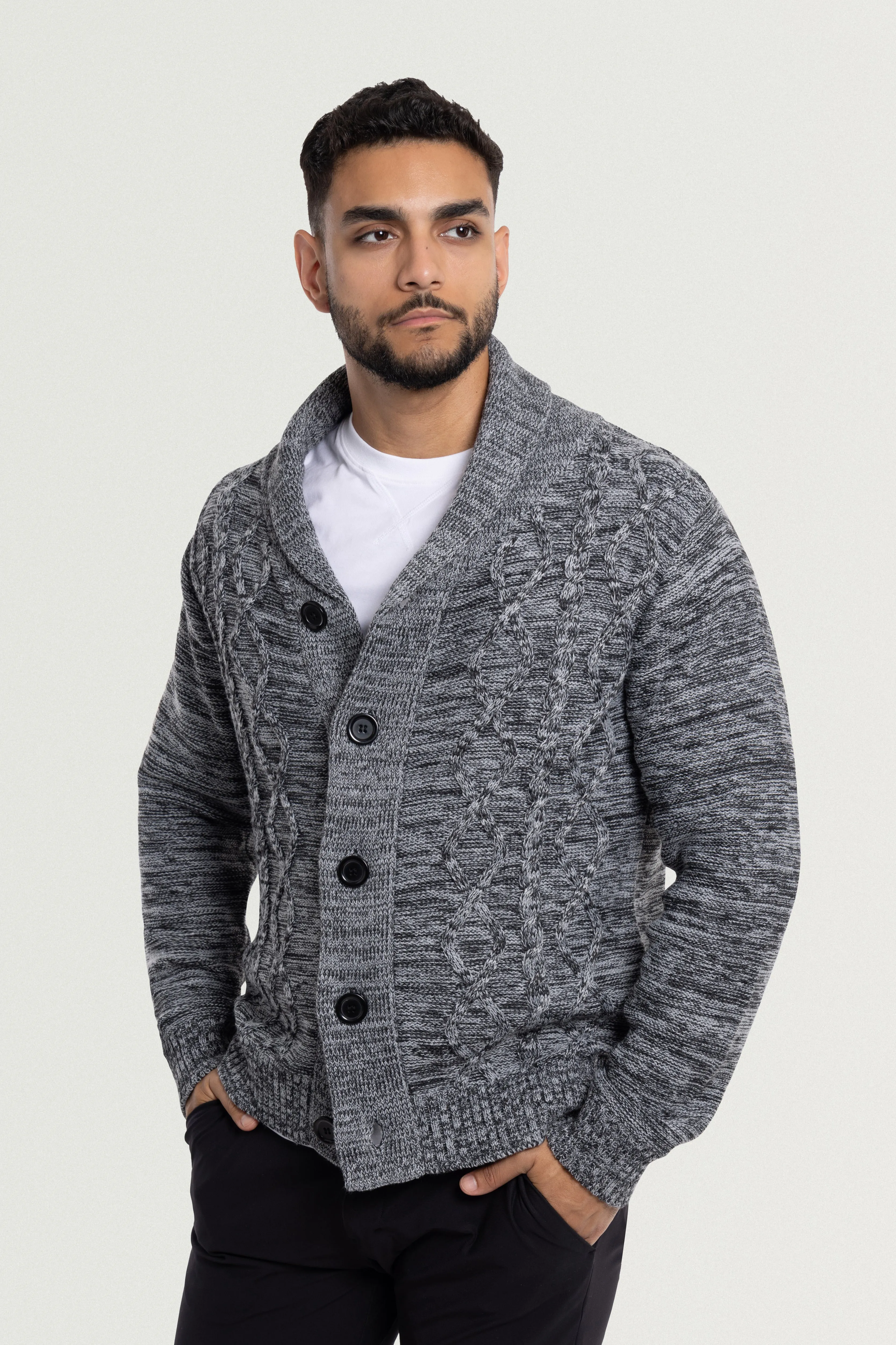 X RAY Men's V-Neck & Shawl Collar Cable Knit Button Down Cardigan Sweater