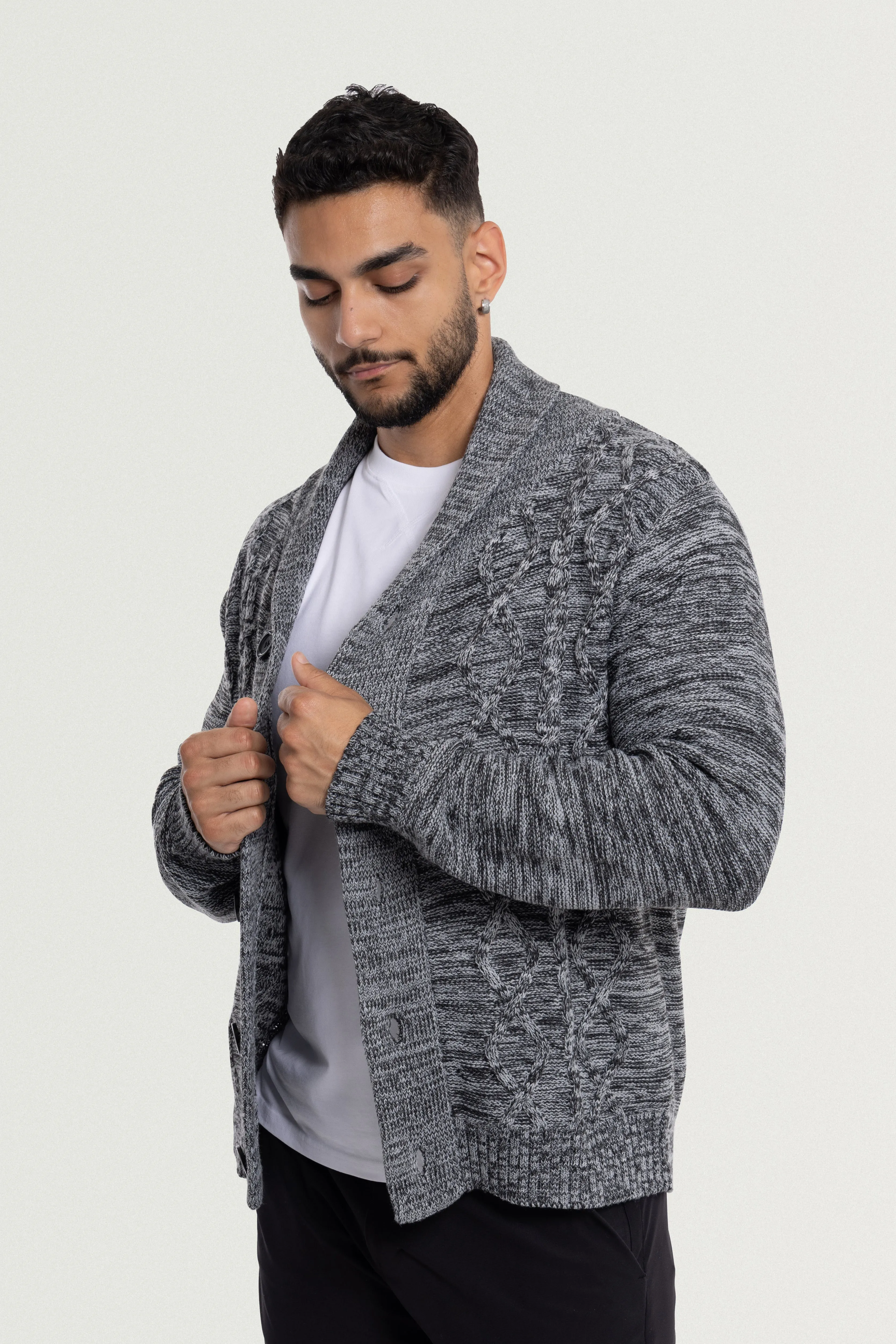 X RAY Men's V-Neck & Shawl Collar Cable Knit Button Down Cardigan Sweater