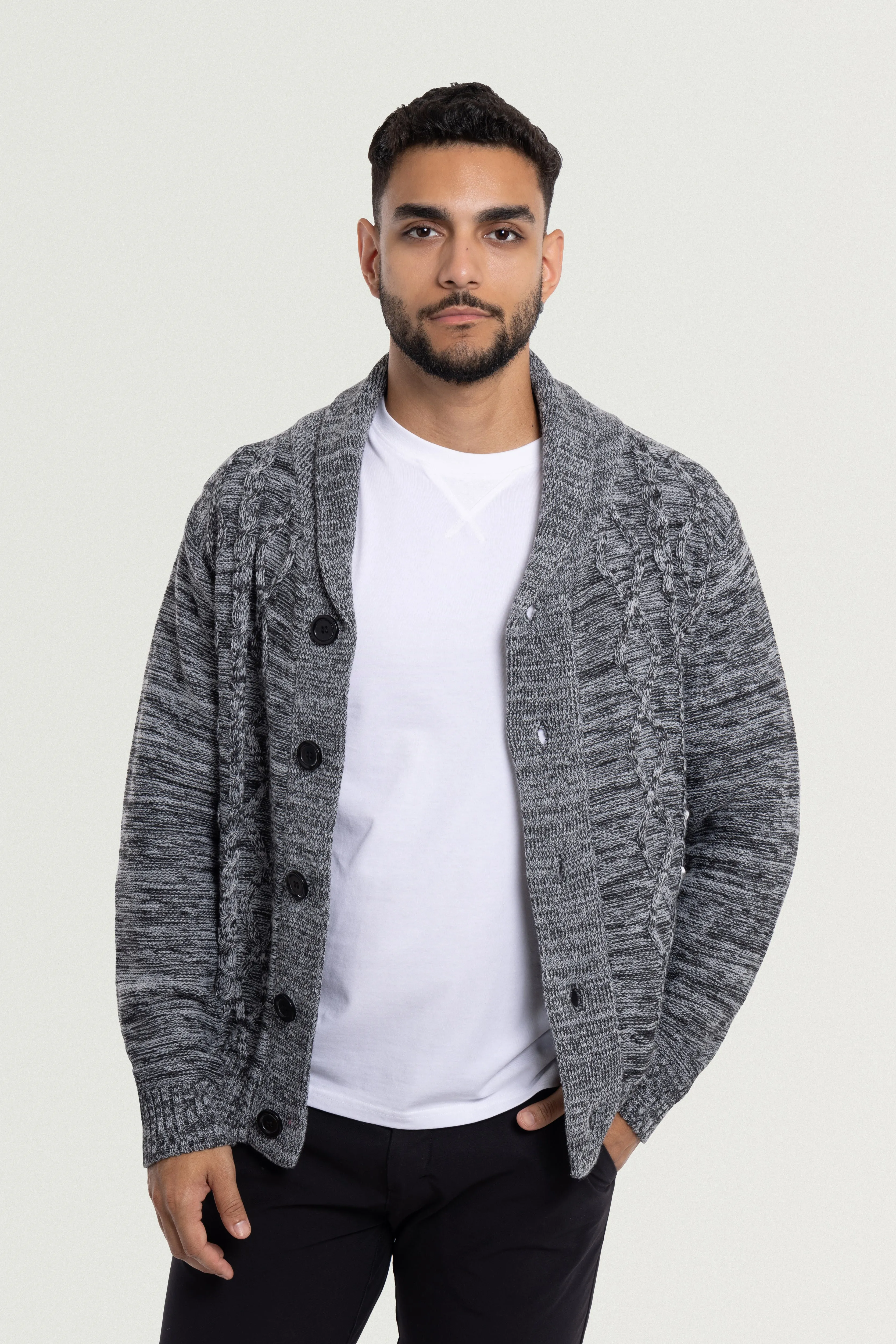 X RAY Men's V-Neck & Shawl Collar Cable Knit Button Down Cardigan Sweater