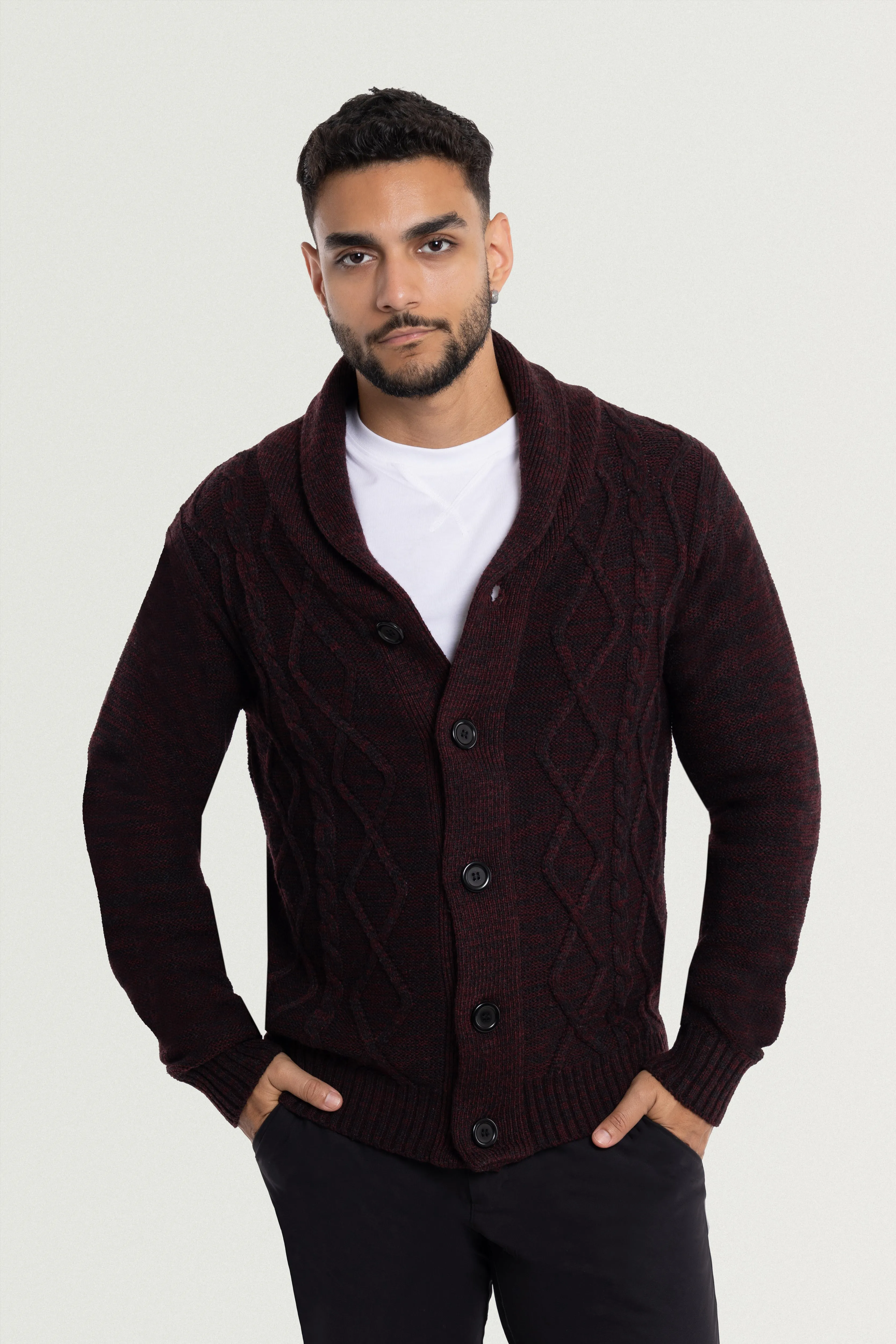 X RAY Men's V-Neck & Shawl Collar Cable Knit Button Down Cardigan Sweater