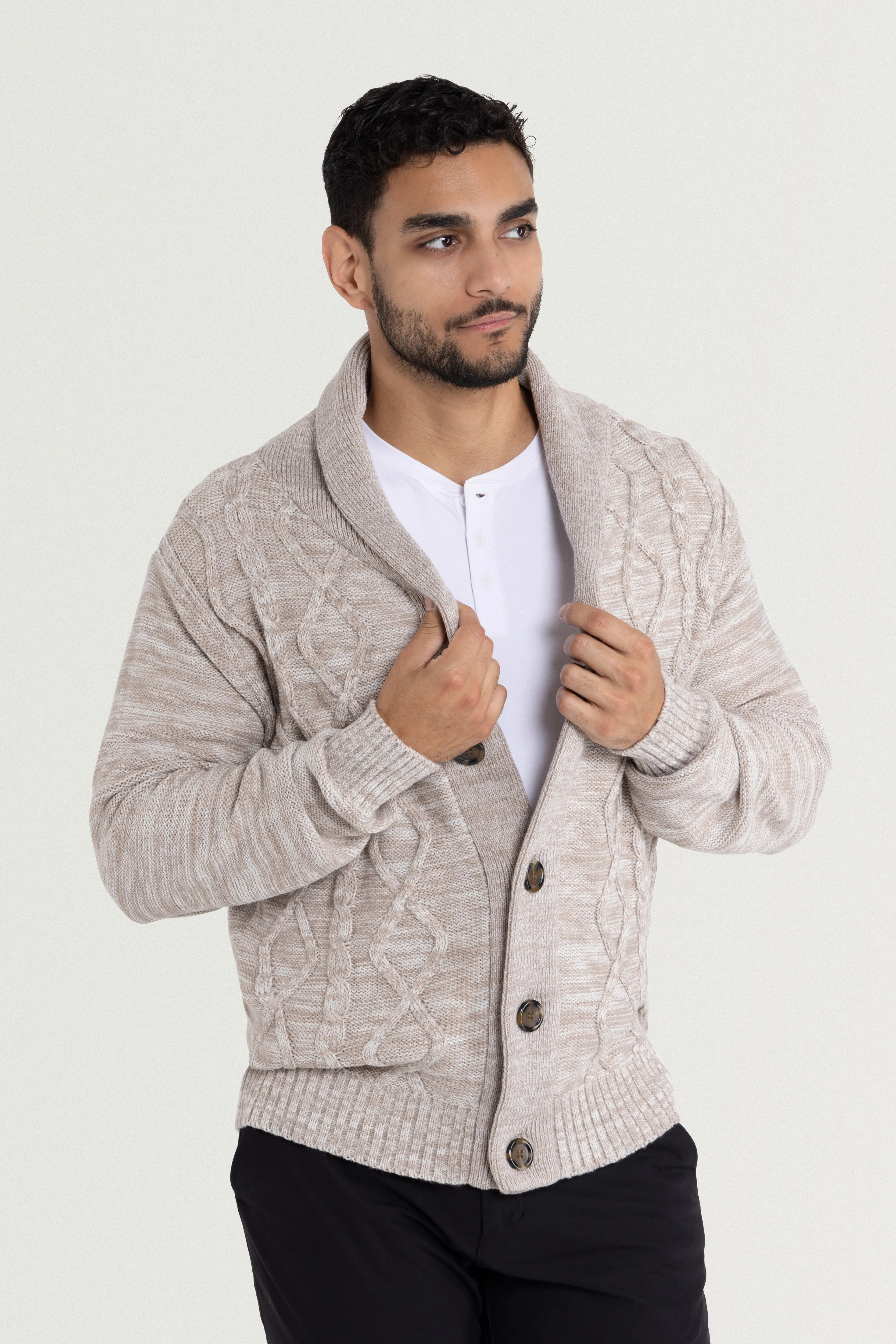 X RAY Men's V-Neck & Shawl Collar Cable Knit Button Down Cardigan Sweater