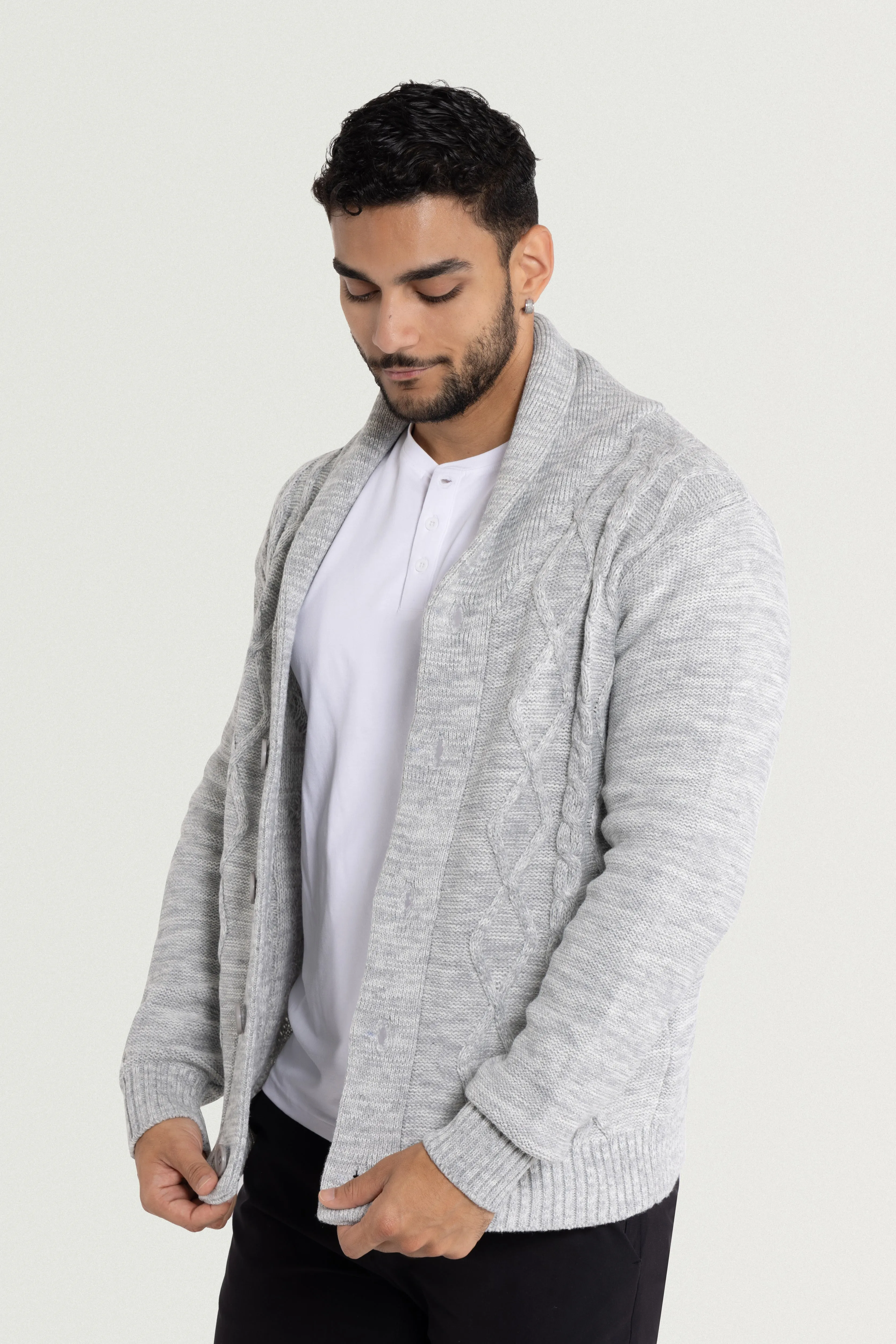 X RAY Men's V-Neck & Shawl Collar Cable Knit Button Down Cardigan Sweater