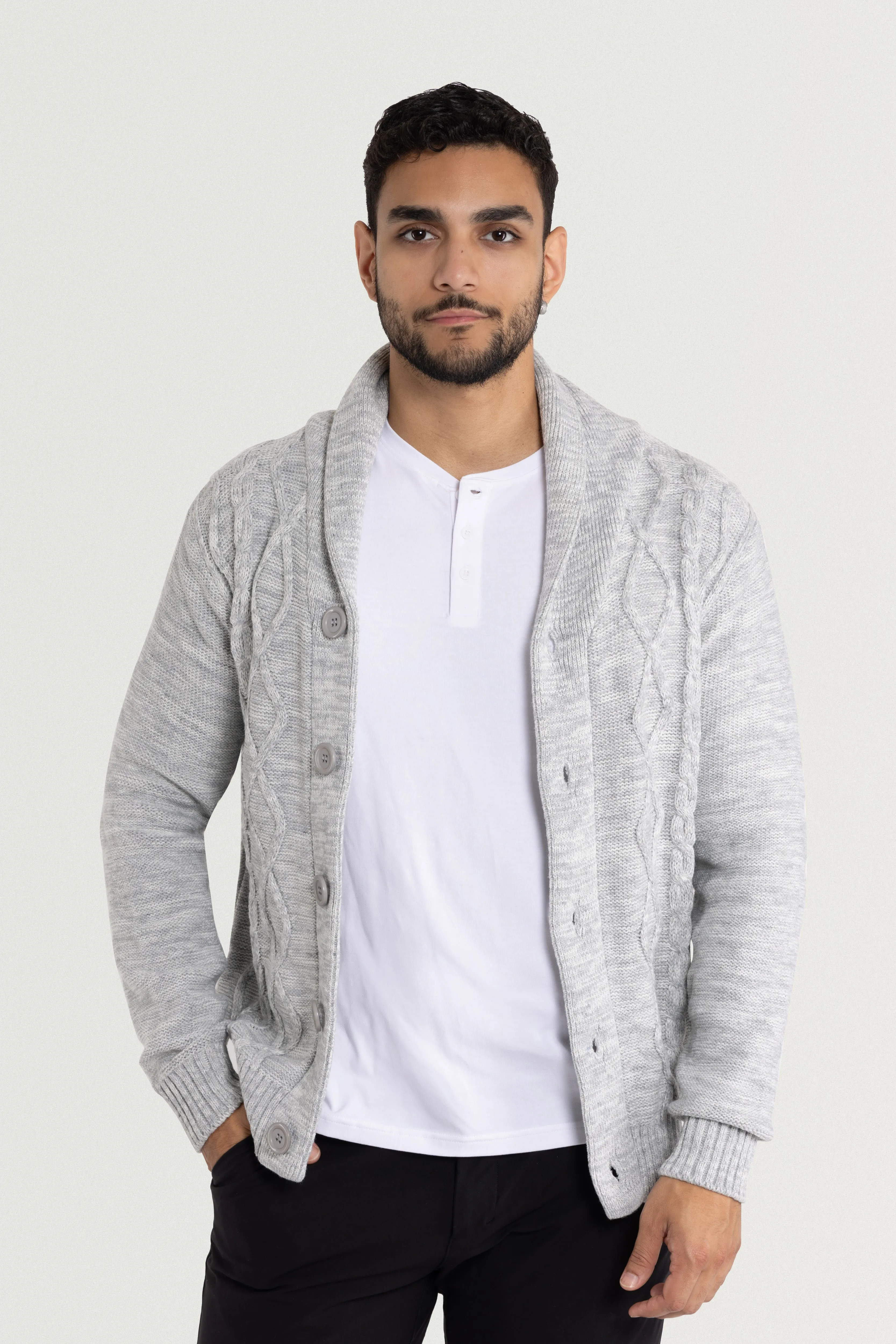 X RAY Men's V-Neck & Shawl Collar Cable Knit Button Down Cardigan Sweater