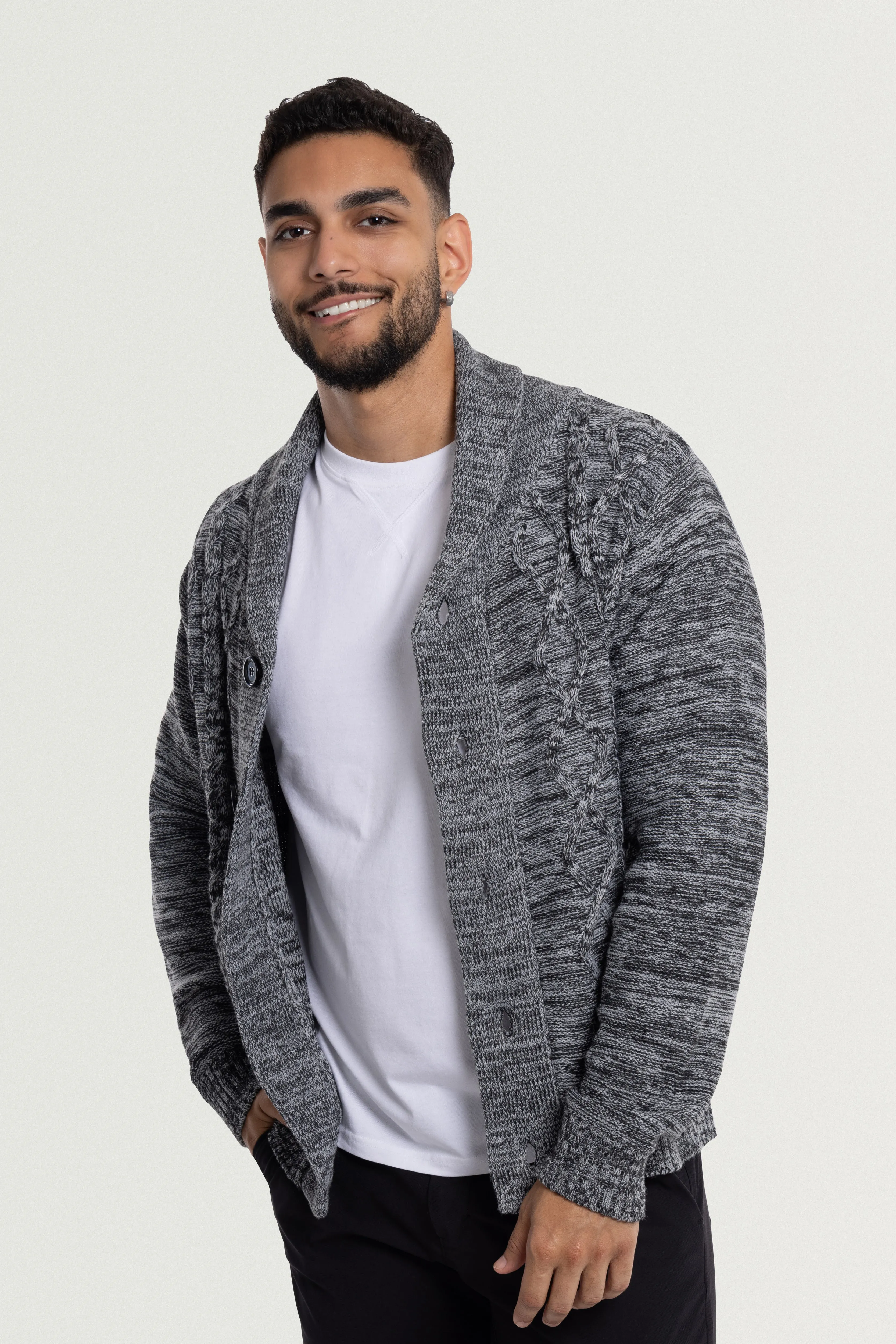 X RAY Men's V-Neck & Shawl Collar Cable Knit Button Down Cardigan Sweater