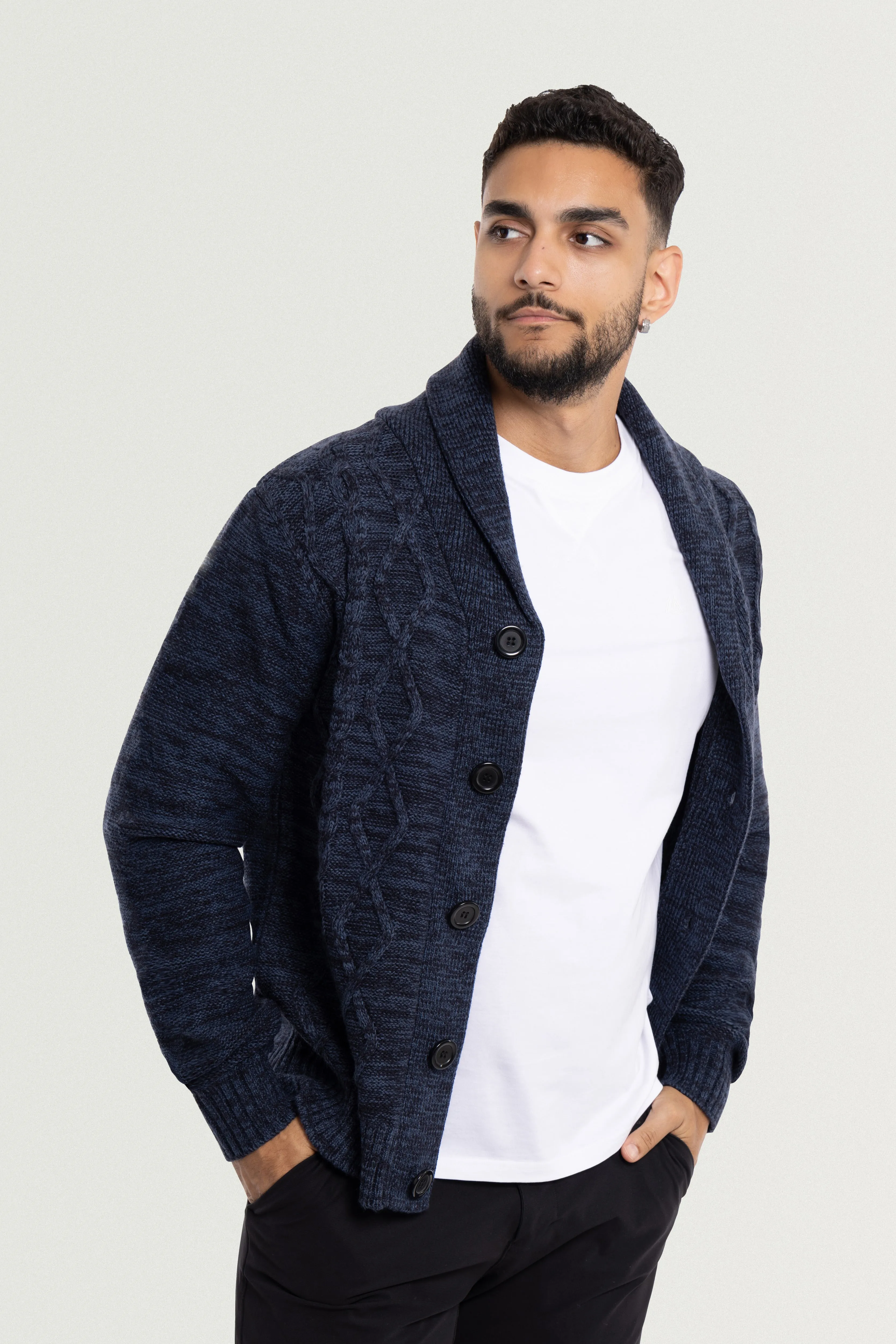 X RAY Men's V-Neck & Shawl Collar Cable Knit Button Down Cardigan Sweater