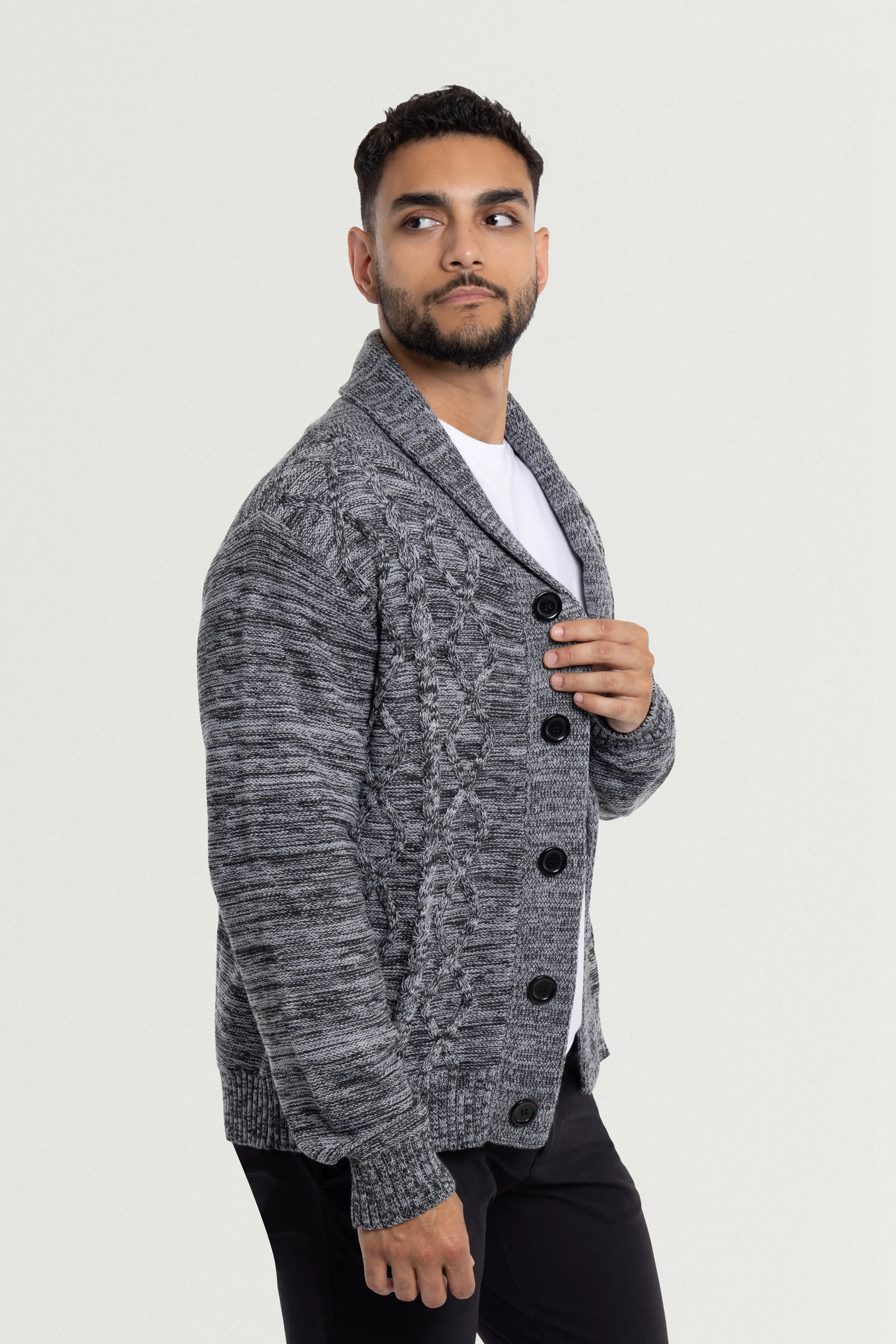 X RAY Men's V-Neck & Shawl Collar Cable Knit Button Down Cardigan Sweater