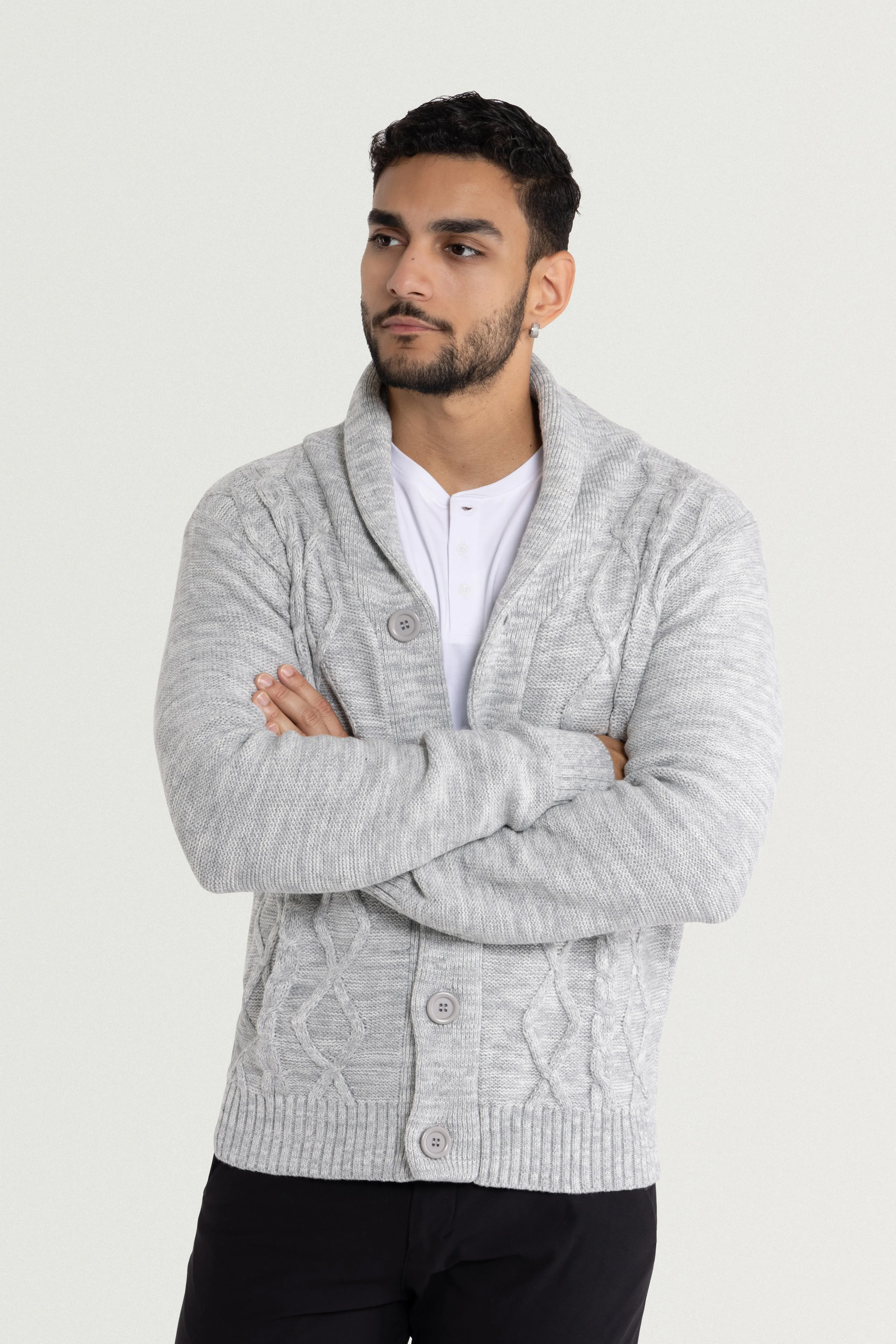 X RAY Men's V-Neck & Shawl Collar Cable Knit Button Down Cardigan Sweater