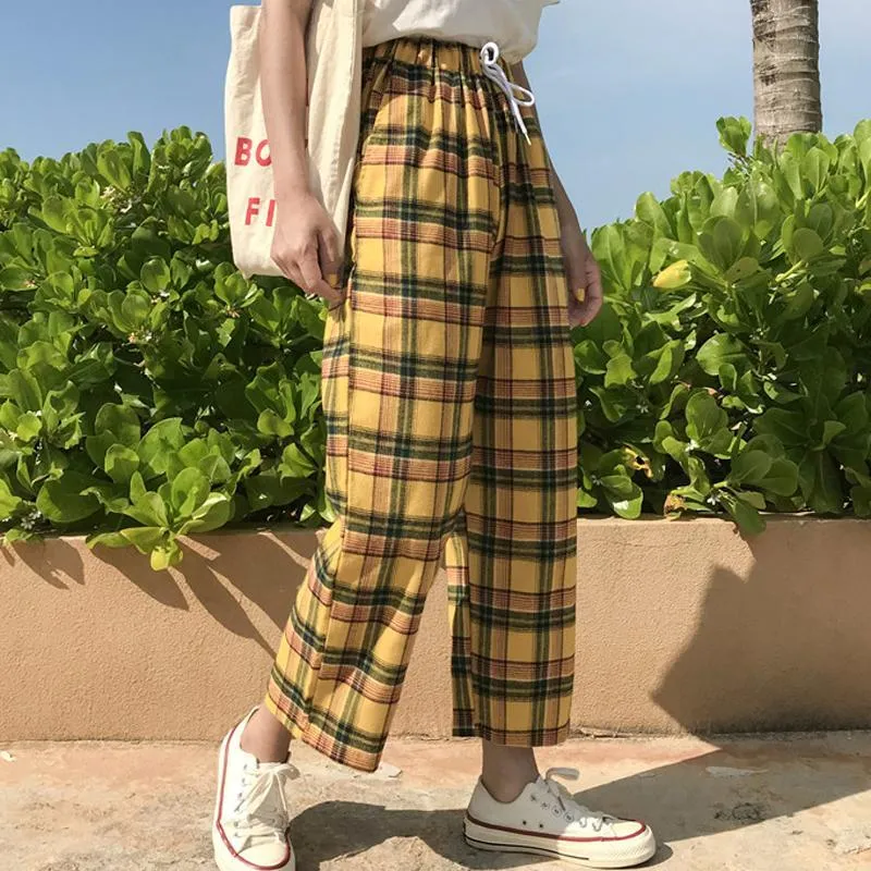 Yellow Tartan Plaid Vintage Aesthetic Oversized Pants