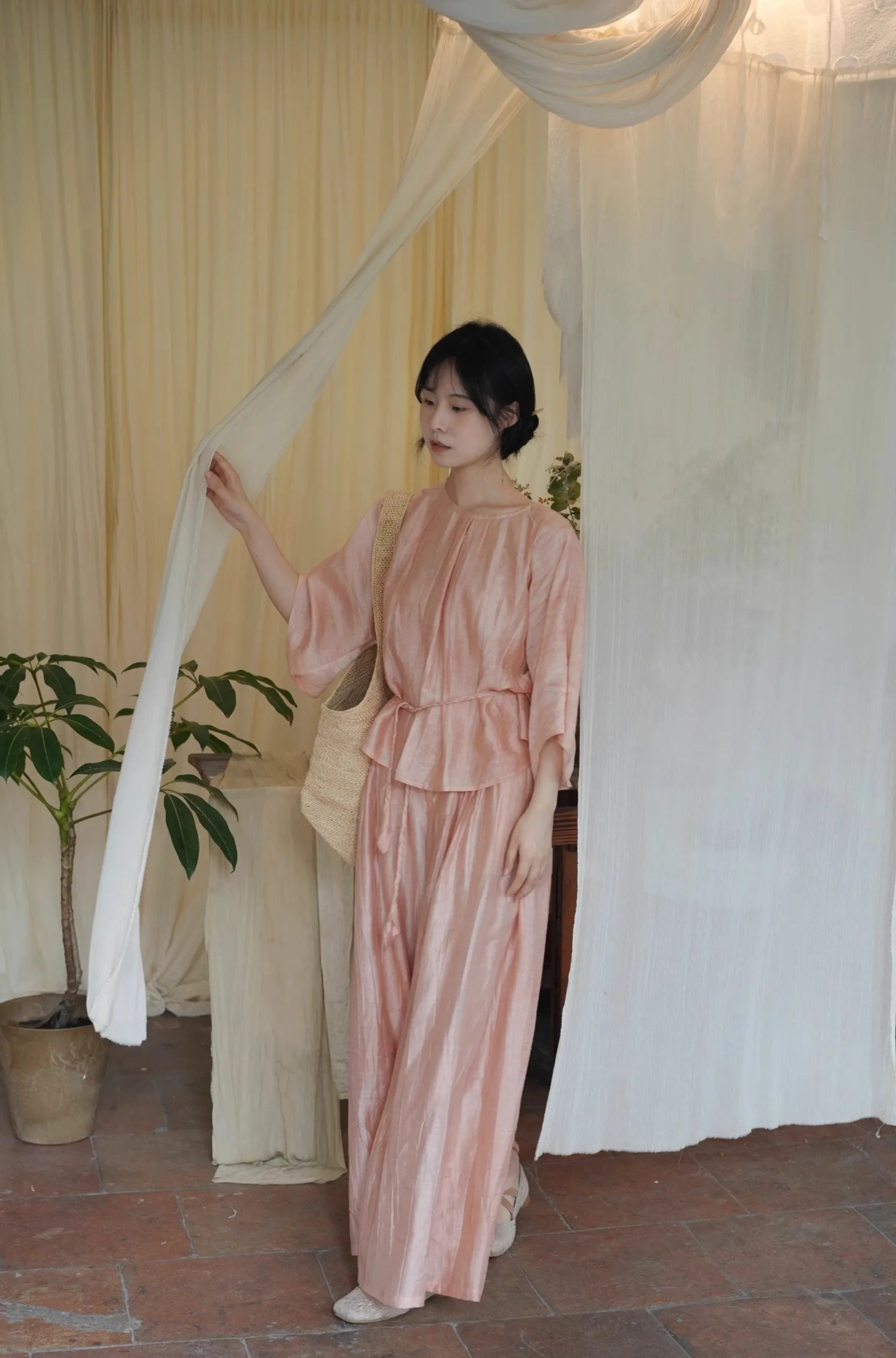 Ziruo 自若 Modernized Ming Dynasty Summer Tencel Shirt & Wide Leg Trousers Set